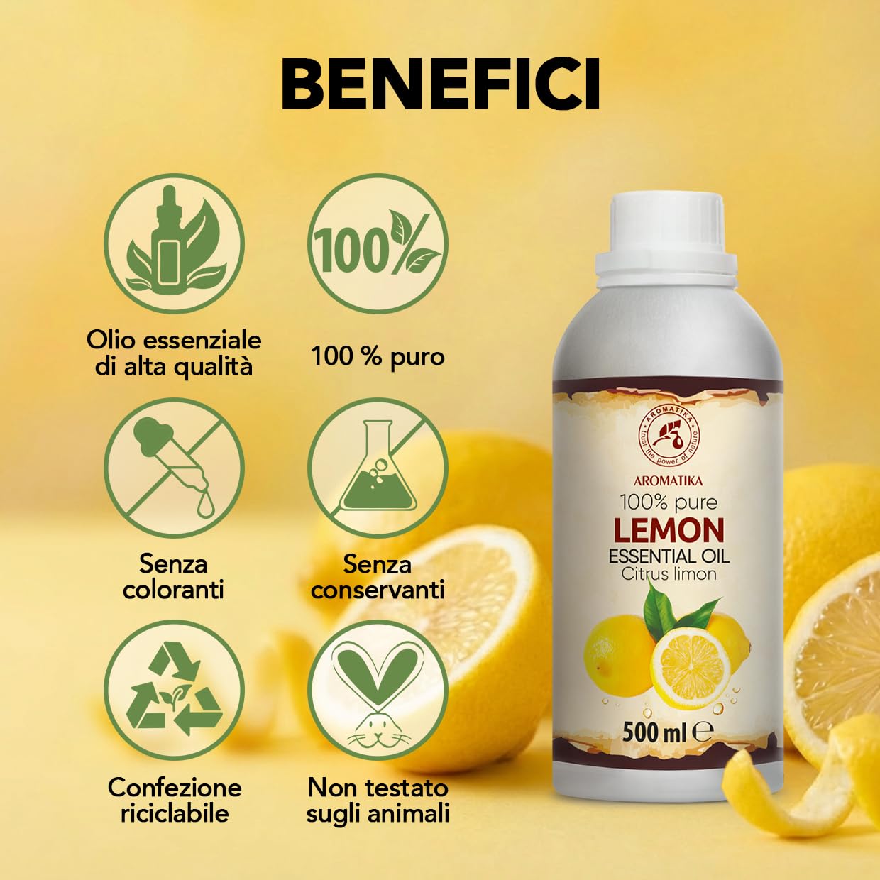 Olio essenziale di Limone 500 ml - Citrus Limon - Naturale e Puro - Olio essenziali per Diffusori - Profumi per la Casa - Saponi e Candele - Sauna - Aroma di Agrumi - Aromaterapia