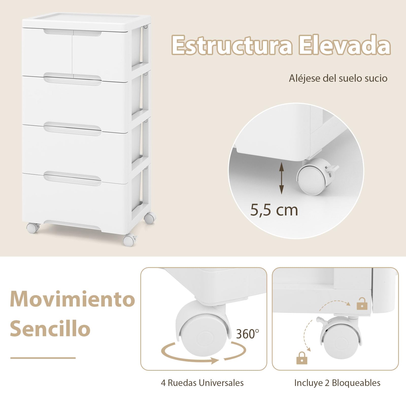 COSTWAY Armario de Almacenaje Rodante, Unidad de Almacenaje Vertical con 5/6/7 Cajones, Ruedas Universales y Bloqueables, Contenedor de Almacenaje, Organizador de Plástico para Salón (5 cajones)