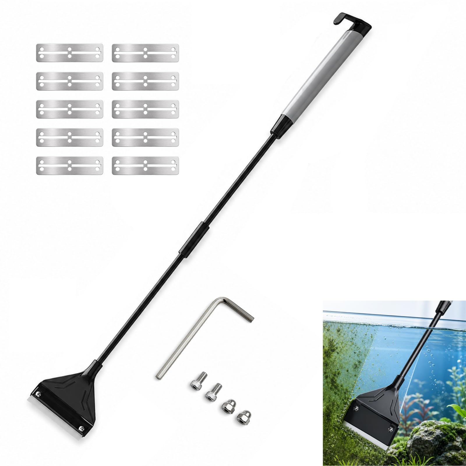 QLK 65 cm Aquarium Algae Scraper for Glass, Fish Tank Cleaner Maintenance Scraper Right Angle Aquarium Gravel with 10 Replacement Blades for Fish Tank