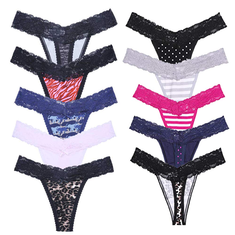 sesil 10-Pack Leopard Print Color Cotton Lace Thong Low Waist Yoga Sports Home Seamless Panties For Women