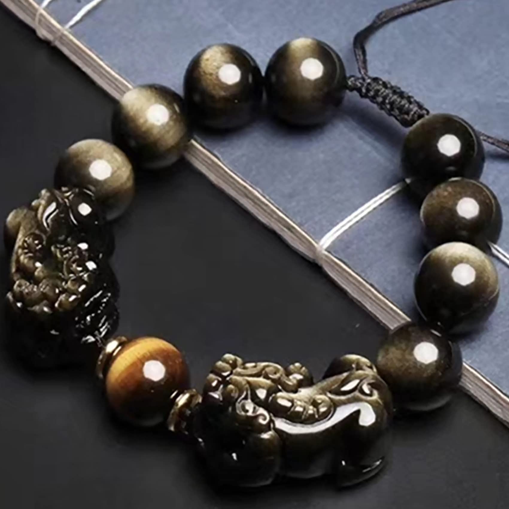 Braccialetto Feng Shui in ossidiana nera, braccialetto Pixiu Dragon, braccialetto regolabile per ricchezza, talismano, cristallo Reiki, chakra, quarzo, per donne e uomini