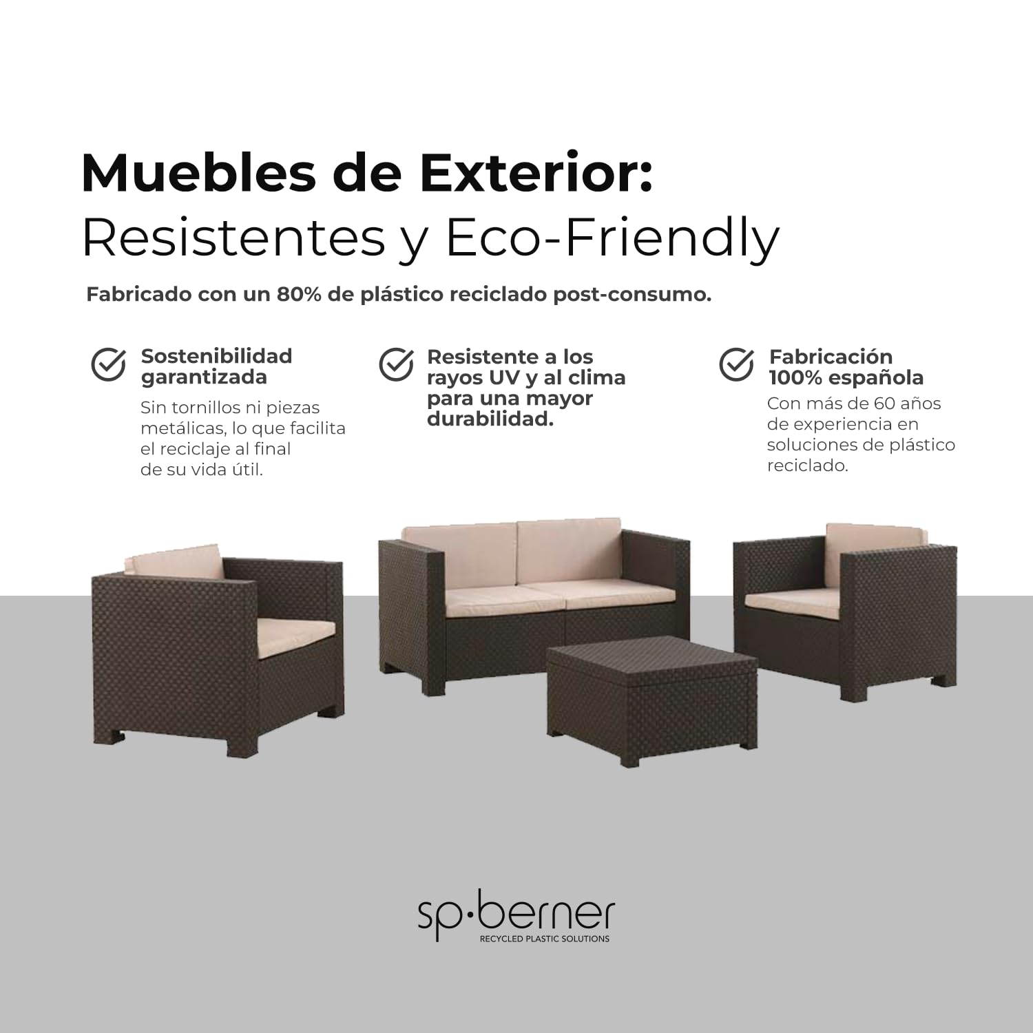 SP Berner - Set de Muebles de Jardín y Terraza Diva Wengue- Sofá 2 Plazas, 2 Sillones y Mesa de Centro con Almacenaje - Fabricado en España con Plástico Reciclado