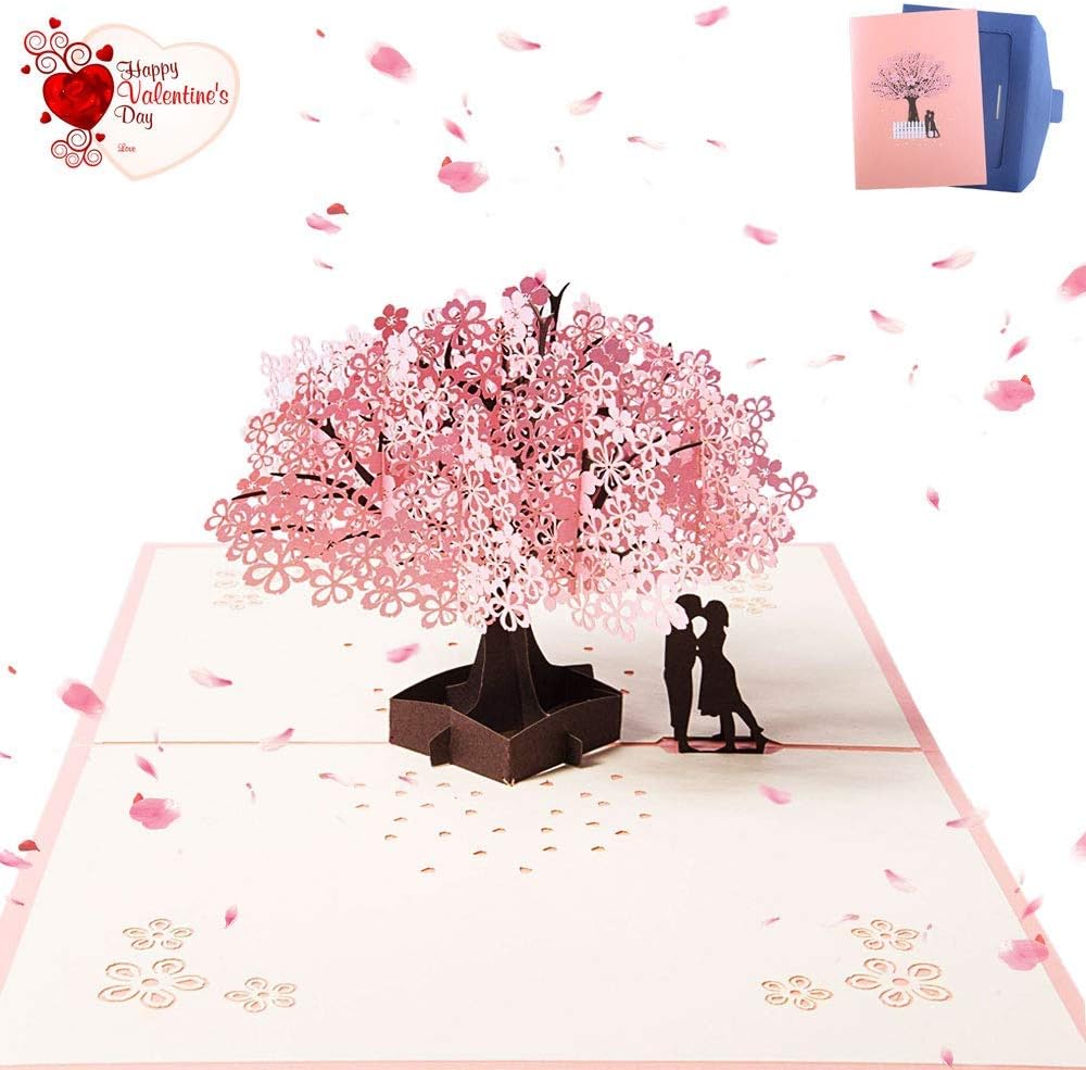 3D Wedding Card, Pop Up Greeting Card for Wedding, Valentine's Day, Wedding Anniversary, Birthday, Anniversary, Christmas, Romantic Sakura, 20 x 15 cm