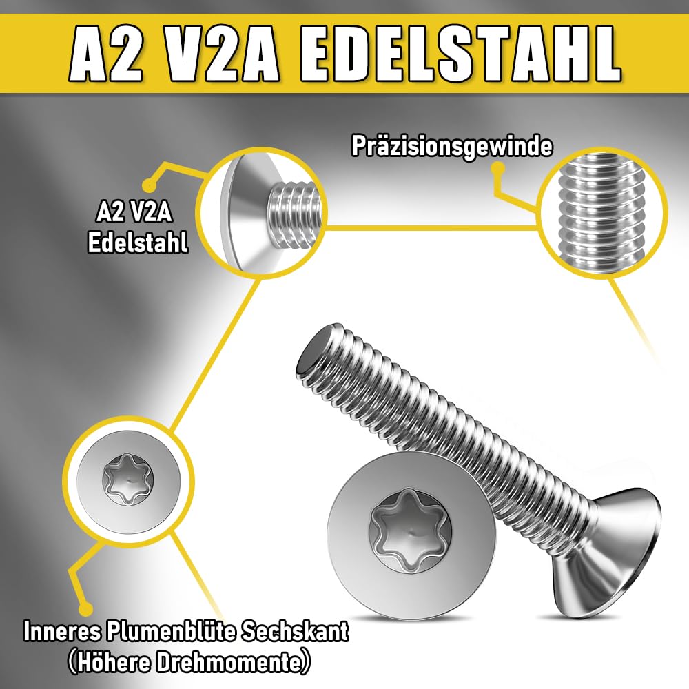 20 viti a testa svasata M6 x 50 mm, a esagono incassato in acciaio inox A2 V2A, con chiave Torx, testa esagonale a norma ISO 14581/DIN 965, per macchinari, mobili, riparazioni