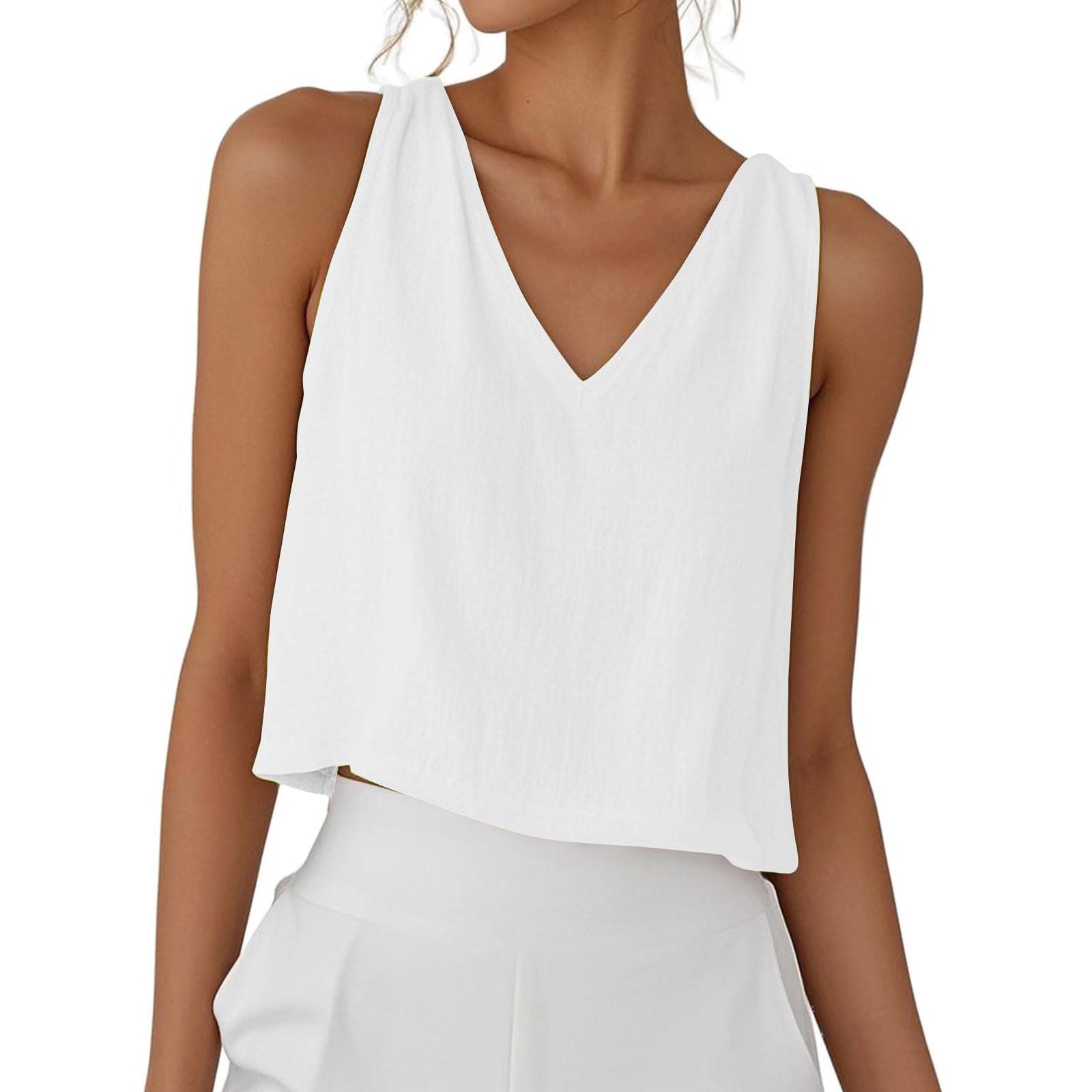RLEHJN Tank Top Damen,Sommer Leinen V-Ausschnitt Tops Kurze Elegante Oberteile Ärmellose Shirts Baumwolle Einfarbige T-Shirts Basic Blusentop Musselin Tanktops Trägertop Trägershirt