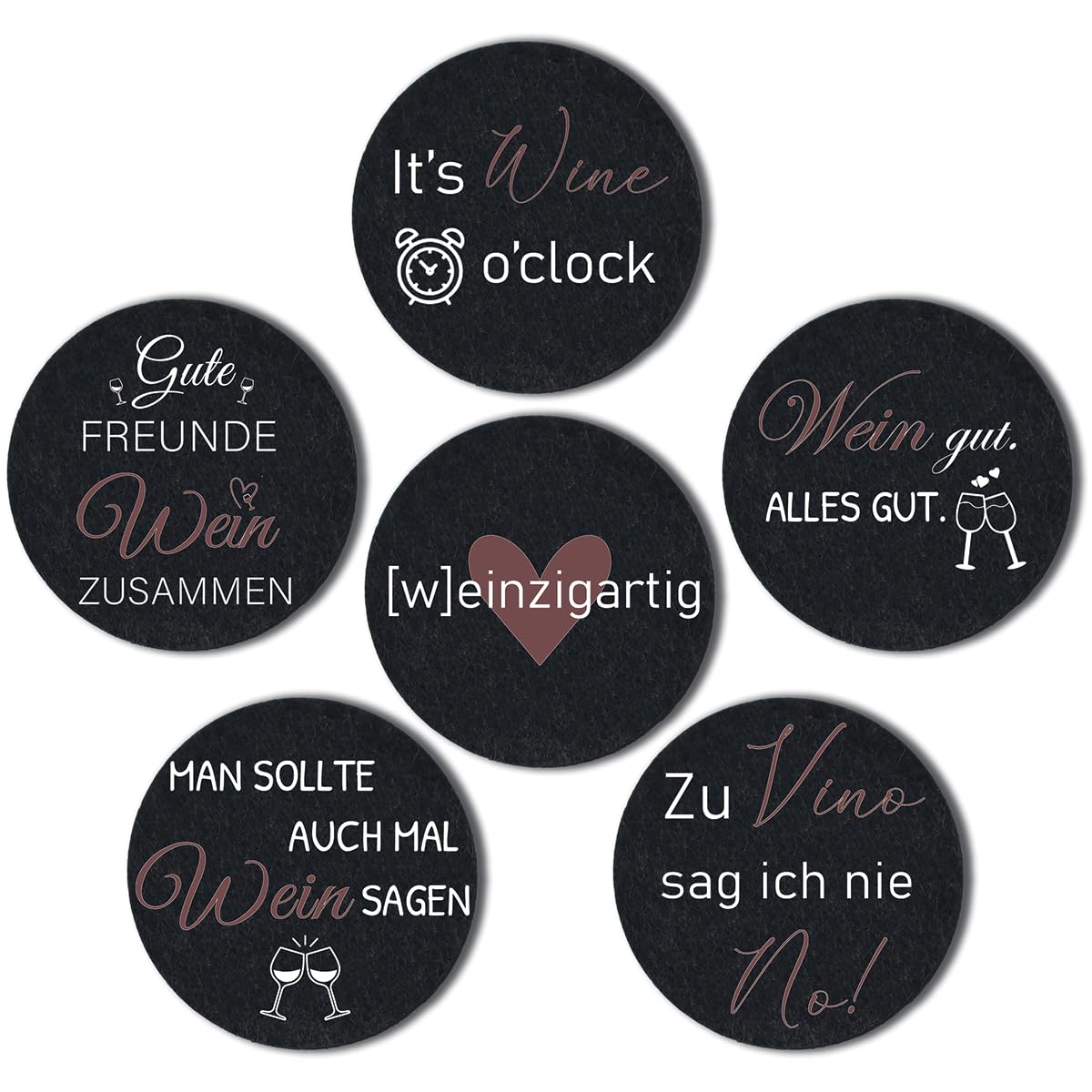 Filz-Untersetzer mit Sprüchen | 6er Set Dekorative Weinunterlagen | Lustige Untersetzer für Gläser | Ideal für Weinliebhaber und Partys | handgemacht aus Deutschland