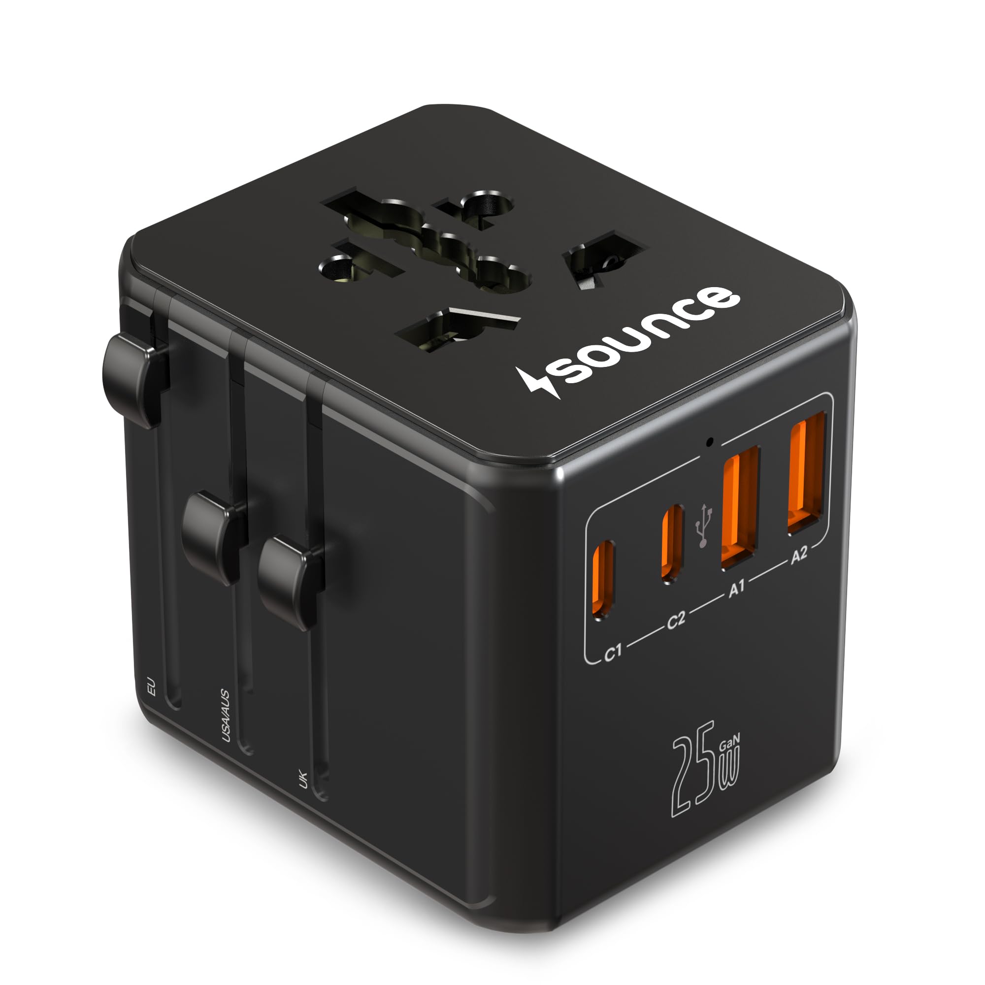Sounce OmniCharge 25W Universal Travel Adapter with Dual USB-C and USB-A Ports, Multi-Region Plug Support, Charging System, Safety Fuse Protection and Compact Sleek Design for TravelUse (Black)-image-43