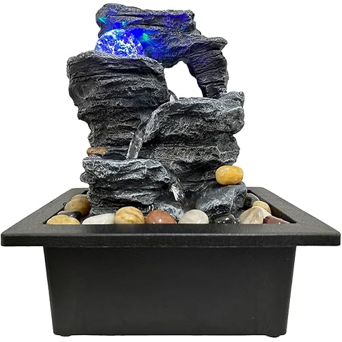 Indoor Tabletop Water Fountain Rotating Ball Rock Waterfall Fountain with Colorful Lights and Natural River Rocks, Zen Meditation for Home Office Decor (B)