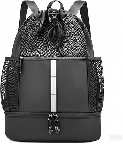 Mochila deportiva con cordón Bolsas de malla para playa y gimnasio para hombres y hombres con compartimento para zapatos, ligera, Negro -, 30 L,