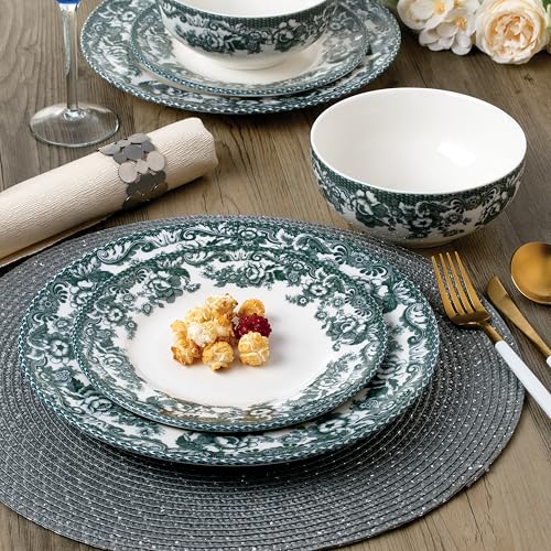 Image of Joseph Sedgh Collection Montana Chip-Resistant Porcelain Dinnerware Set, 12-Piece, Elegant Green Floral Border