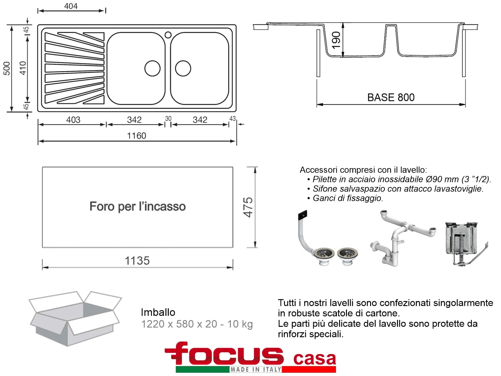 Lavello cucina Costanza acciaio inox 116 x 50 cm 2 vasche saldate destre e gocciolatoio Made in Italy