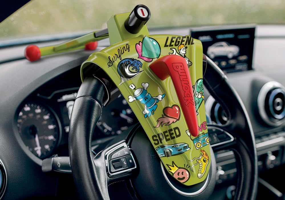 Bullock Defender Pro Bloqueo de Volante Antirrobo Universal para Auto, Escudo de Seguridad de Aleación Reforzada, Ideal para Coches Urbanos, Instalación Fácil, Personalizable con Pegatinas Incluidas