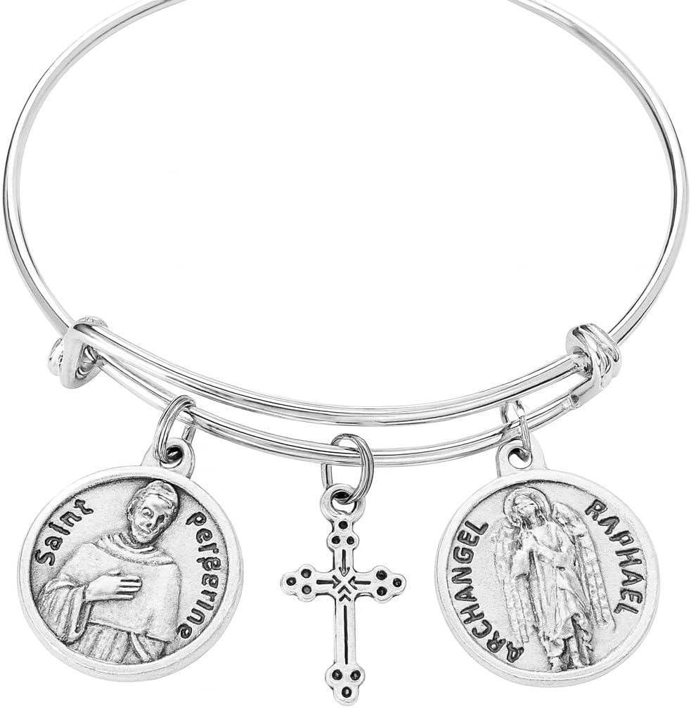 Saint Peregrine Archangel Raphael Bracelet Silver Expandable Bangle with Cross Patron Saints of Cancer Healing and Chronic Illness Catholic Religious Jewelry Gift for Women