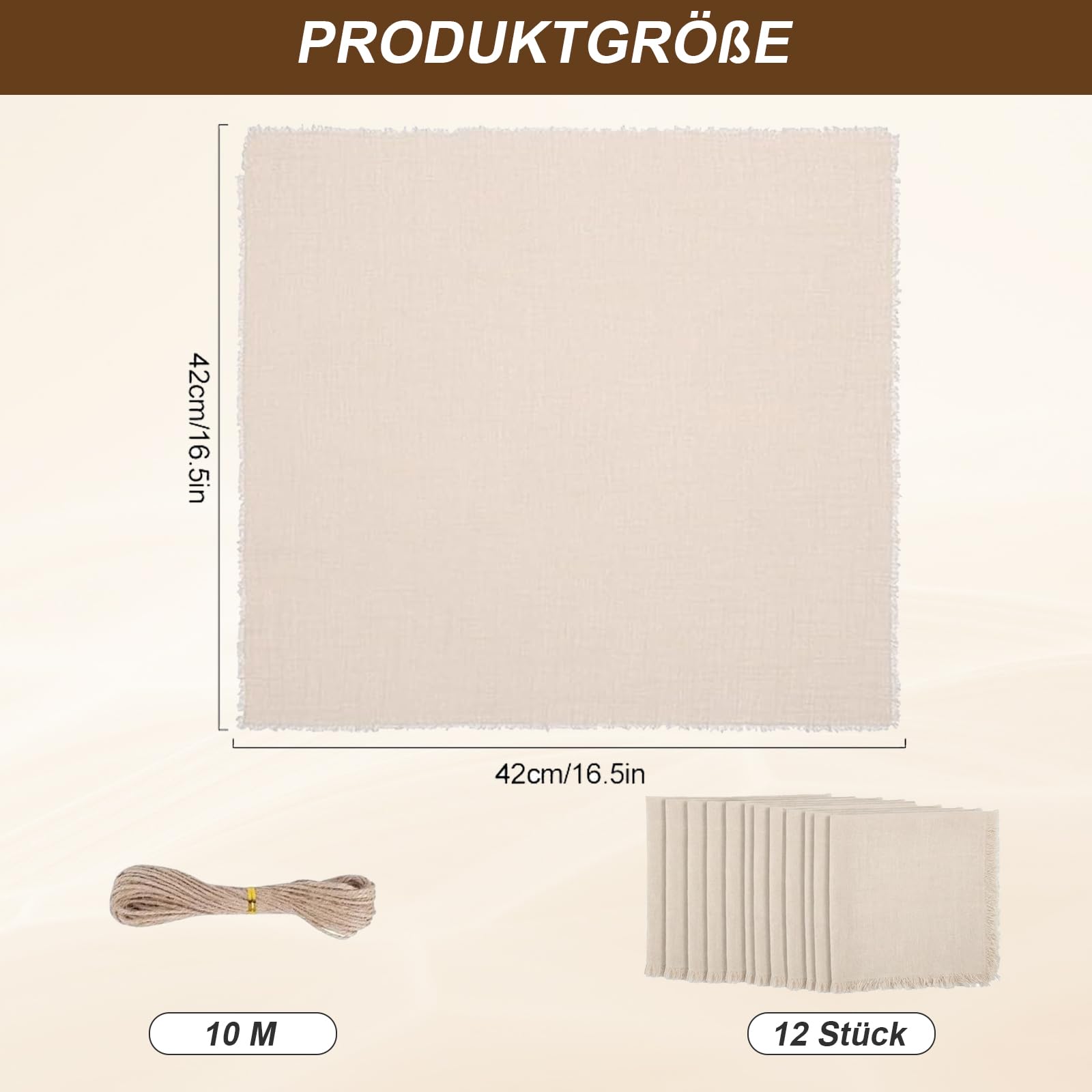 12 servilletas de tela beige 42 x 42 cm con cuerda de cáñamo de 10 m y 12 flores decorativas, servilletas de lino reutilizables, decoración de mesa para bodas, cumpleaños, cenas, cafeterías