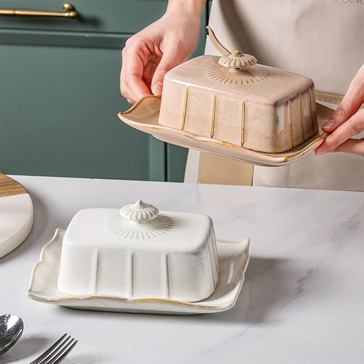 VALICLUD Beurrier Plat à Beurre Rectangulaire Khaki en Céramique avec Couvercle Conserve la Fraîcheur et Réduit Odeurs pour Maison et Restaurants au Réfrigérateur