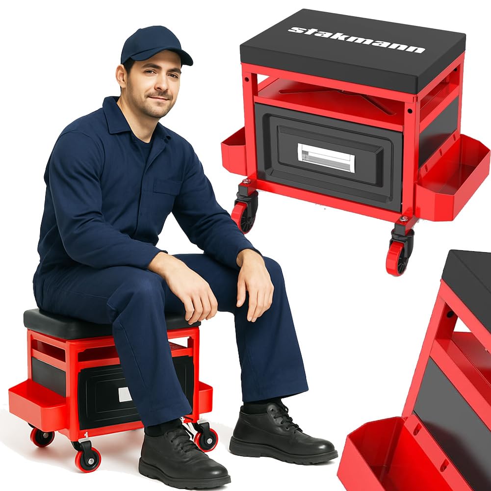 Sgabello Da Officina Stakmann Con Seduta Imbottita Rossa E Porta Attrezzi – Ruote 360°, Altezza Regolabile 38-51 Cm, Carico Max 136 Kg