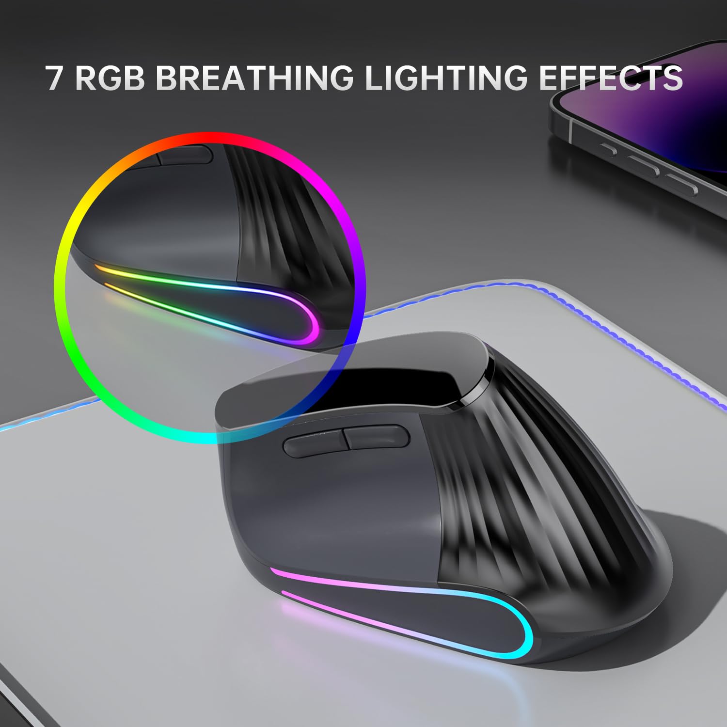 Mouse verticale ergonomico senza fili, Bluetooth a scorrimento ultraveloce, mouse Ergo 4800 DPI, 2,4 G clic silenziosi 6 pulsanti mouse ottici RGB, 3 connettività multi-dispositivo per Mac