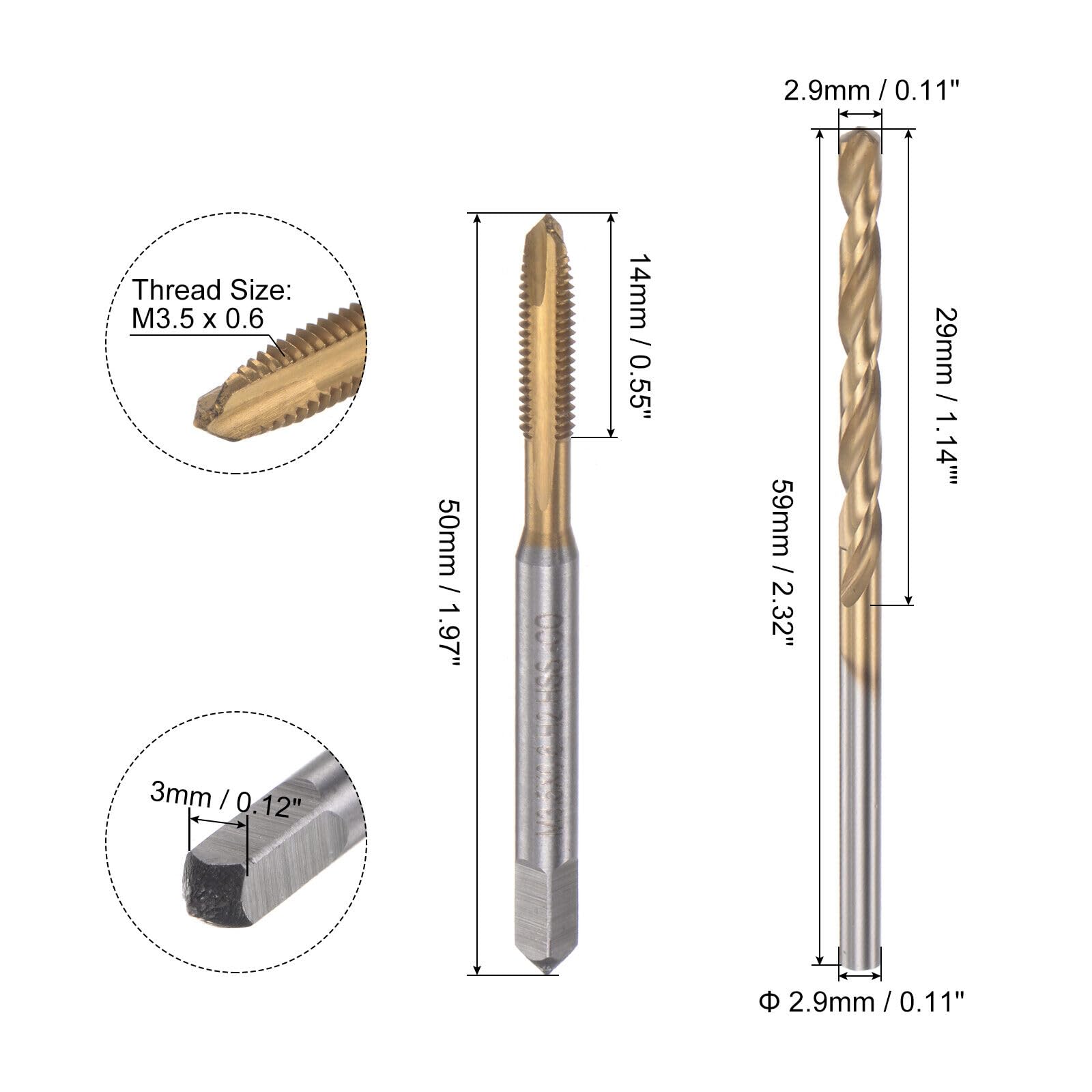 Parts for Machine M3.5 x 0.6 Spiral Point Tap 2.9mm Drill Bit Set Cobalt High Speed Steel (HSS-CO) (#CN-250924-07053)