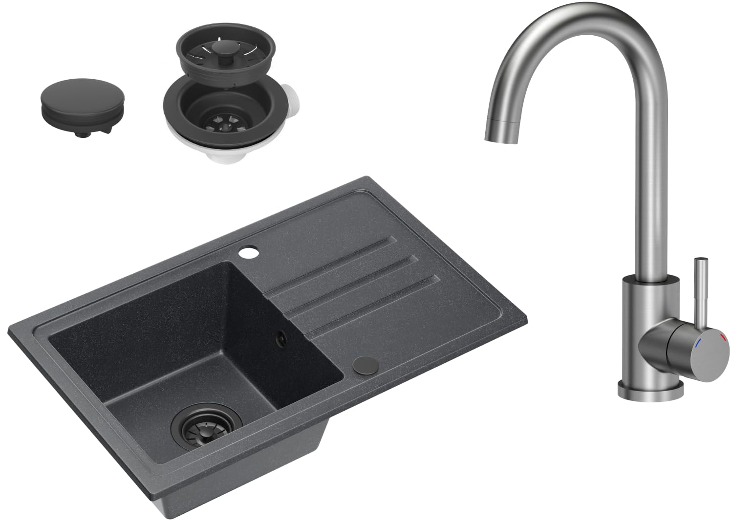 VBChome Fregadero de granito negro, 70 x 44 cm, reversible, juego completo con sifón y grifo de acero inoxidable, fácil de limpiar, moteado, lavabo profundo, ideal para cocinas pequeñas
