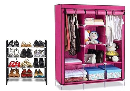 RAXON WORLD (Combo of 2) Multipurpose Rack Organizer Shelves for Shoes, Clothes, toys, kids storage etc.| (4-Layer-Plastic+Almirah, Pink)