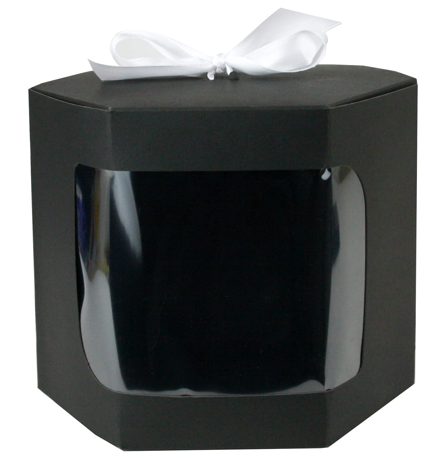 Emartbuy Strong Paper Stand Up Hexagon Gift Bag, 10 cm x 10 cm x 12 cm, Black Kraft Bag Cupcakes Cookies Muffin Pie Box with Clear Window and White Ribbon - Pack of 96