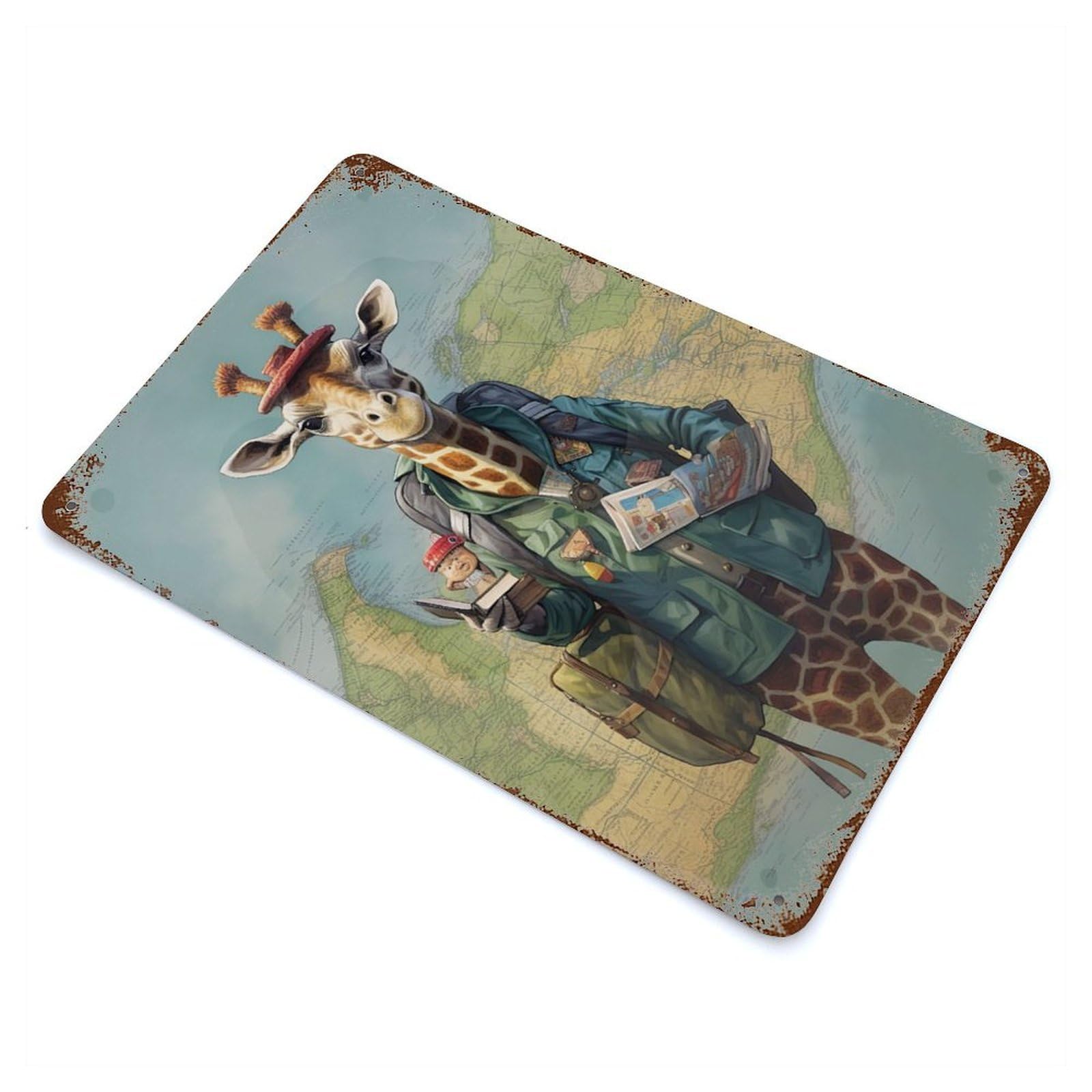 Vintage Rust Metal Sign Travel Guide Giraffe 11.8"x7.9", Shabby Chic Decor for Cafe, Home Bar And Lounge Decor