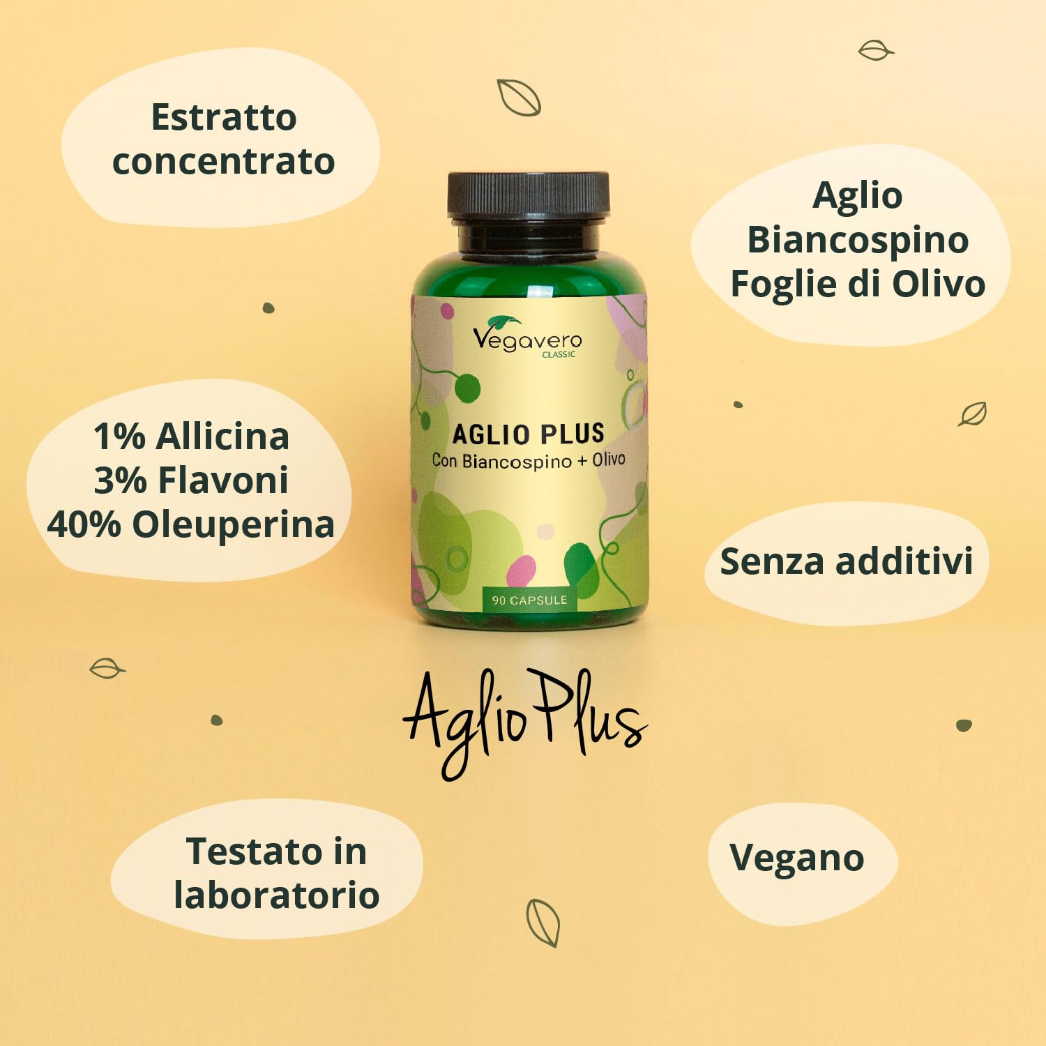 Aglio + Biancospino + Ulivo Vegavero® | Estratti titolati: 1% di Allicina, 3% di Flavoni e 40% Oleuropeina | Integratore in Capsule per la Pressione Sanguigna* | Vegan