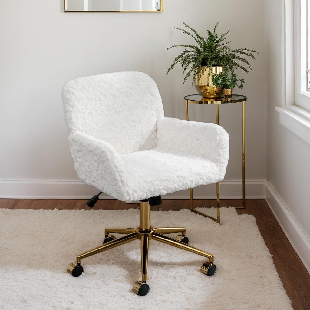 Office Desk Chair with Wheels PU Leather Modern Comfy Accent Chair Modern Lounge Chair Artificial Rabbit Hair Wide