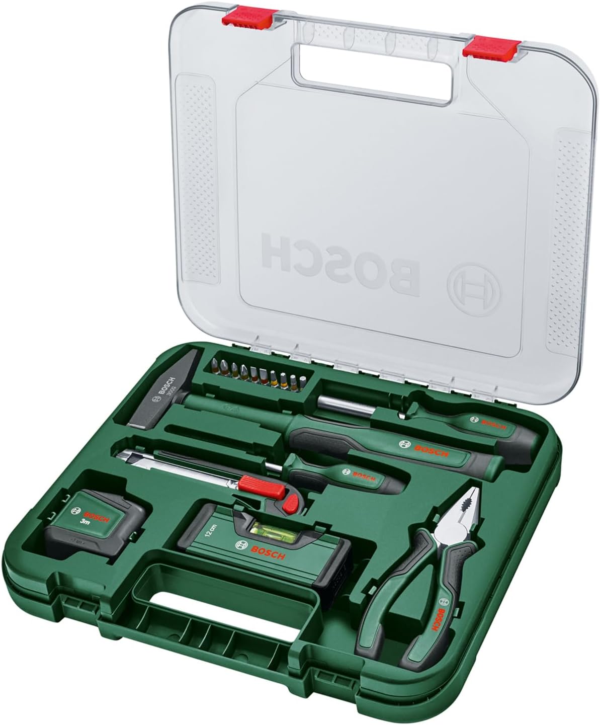 Universal 17-Piece Hand Tool Set - All-in-One Toolkit with Plier, Screwdrivers, Hammer, Tape Measure, Spirit Level, Knife, Awl, 10 Bits, Durable Case with Ergonomic Comfort