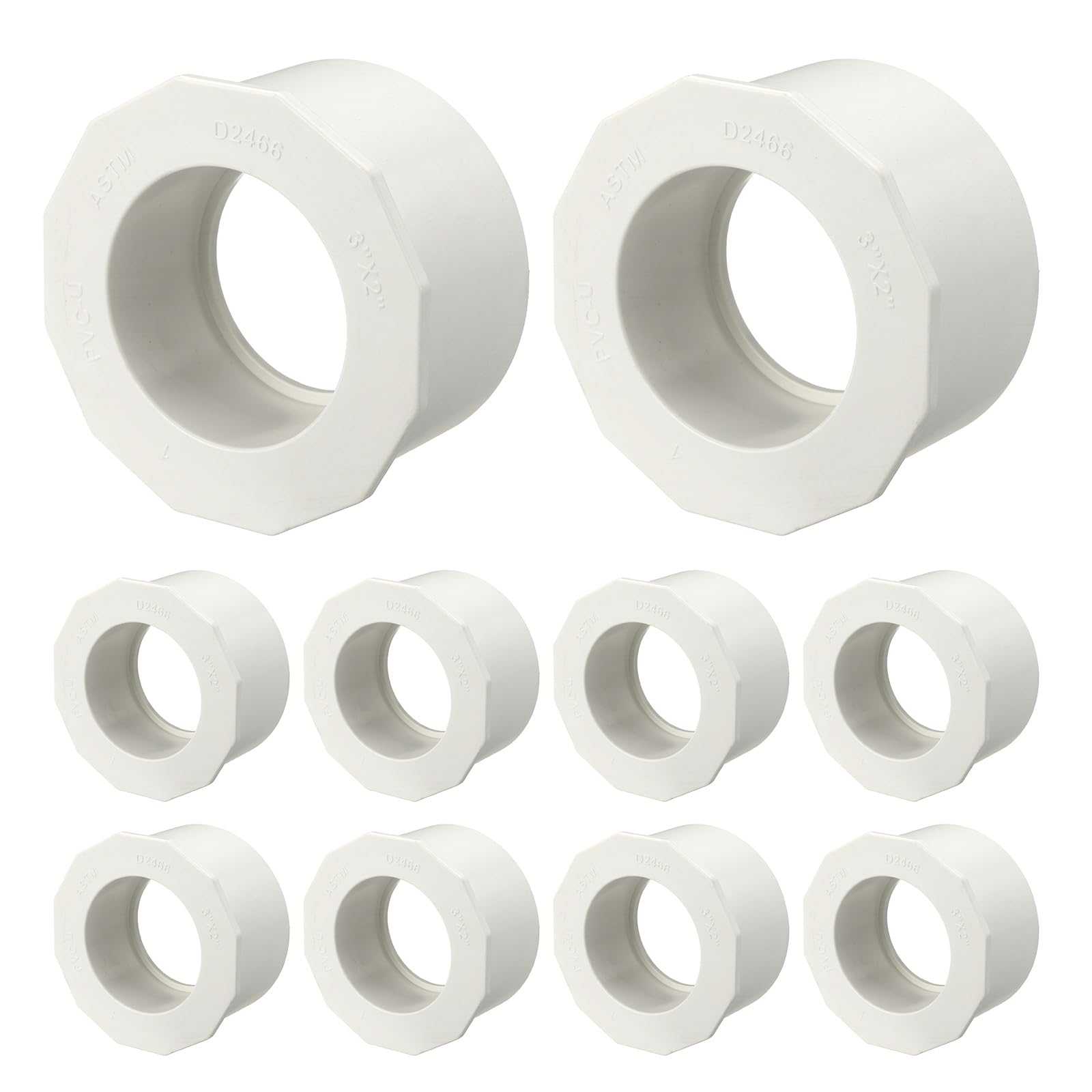 10Pcs 3" x 2" PVC Reducer Bushing Fitting, SCH40 (Spigot x Socket) Furniture Grade PVC Pipe Fitting, Reducer Bush Adapter for Home Sewer Plumbing, Industrial, Pipe Connection