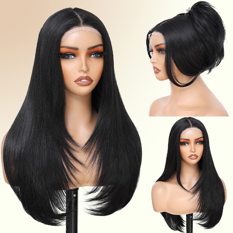 Synthetic Lace Front Wig 5x4x1 Black Layered Wig for Black Women HD Lace Hand Tied Pre Plucked Long Straight Glueless Wigs Suitable For Everyday Wear (Natural Black, 26 Inch)