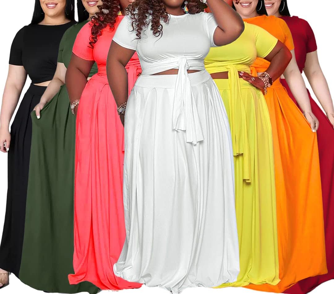 Ophestin Womens Plus Size 2 Piece Dress Outfits Solid Color Crop Top Maxi Skirts Set - Image 2