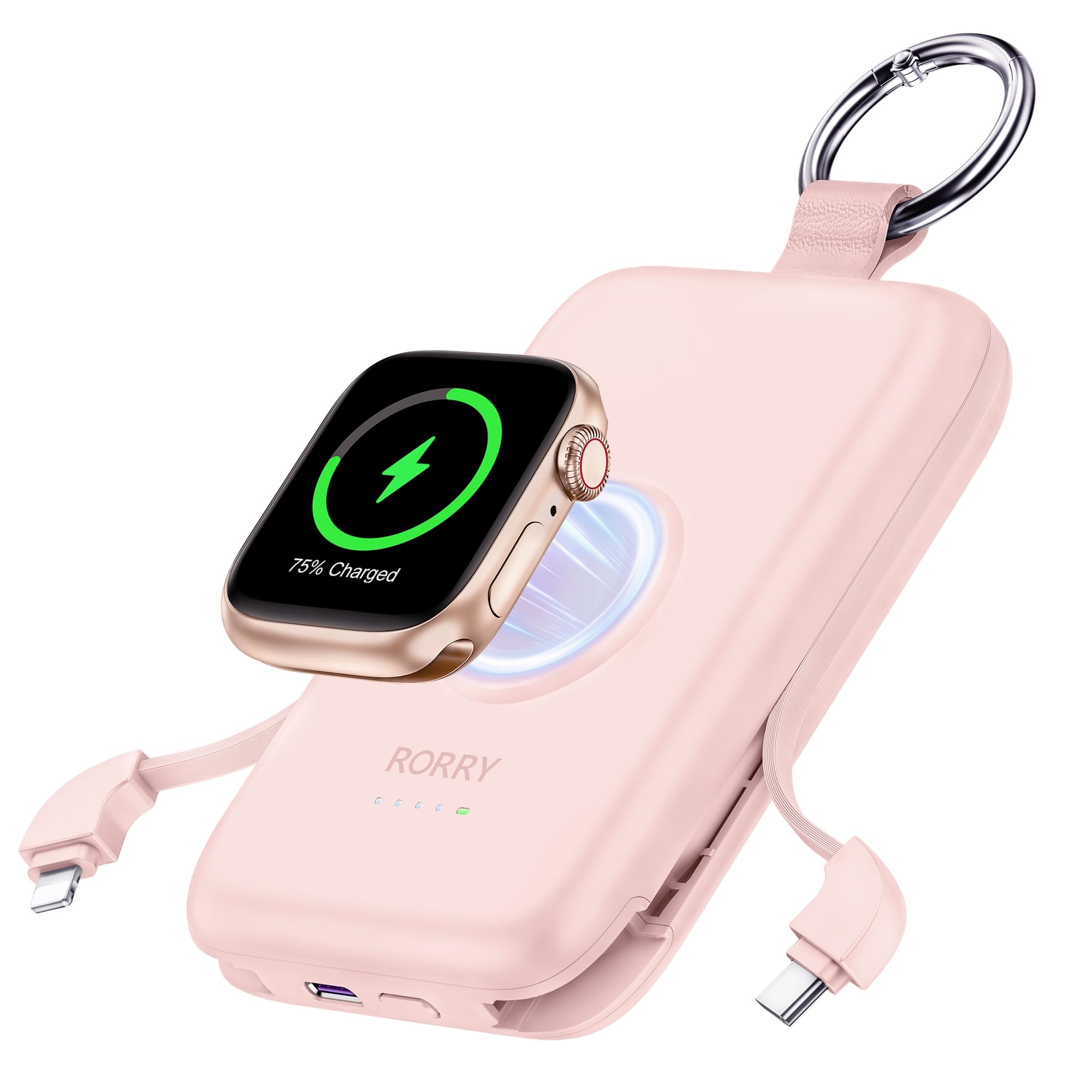 RORRY Caricabatterie portatile, 10000 mAh PD 20 W, ricarica rapida, caricabatterie portatile con cavi integrati, batteria da viaggio per iPhone 17/16/15/14/13/12 e Apple Watch Ultra/11/10/9/8/7/6/5