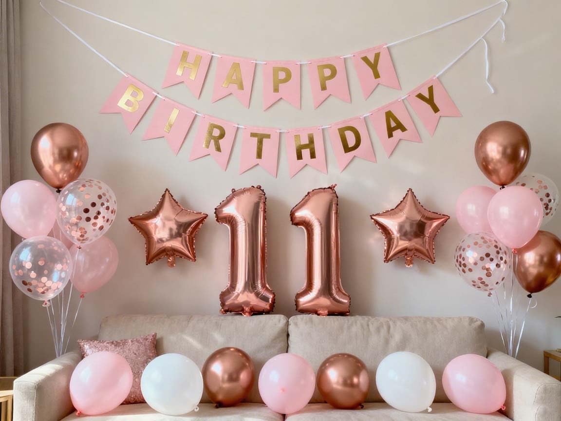 11th Birthday Party Balloons Decorations for Girls, 11th Birthday Banner Rose Gold Number 11 Birthday Foil Balloons Confetti Balloons for Girls Her