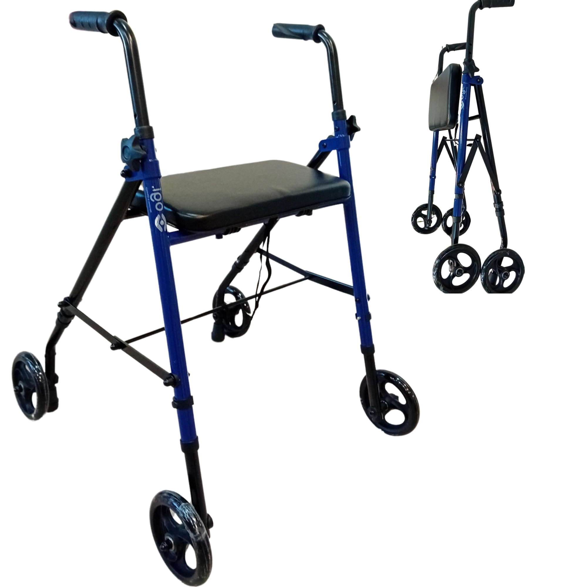 Andador para Ancianos con Freno por Presión. Andador Plegable. Andadores Adultos con Asiento Acolchado. Andador Ancianos Regulable. Andador OGI Bip Bip (Azul)