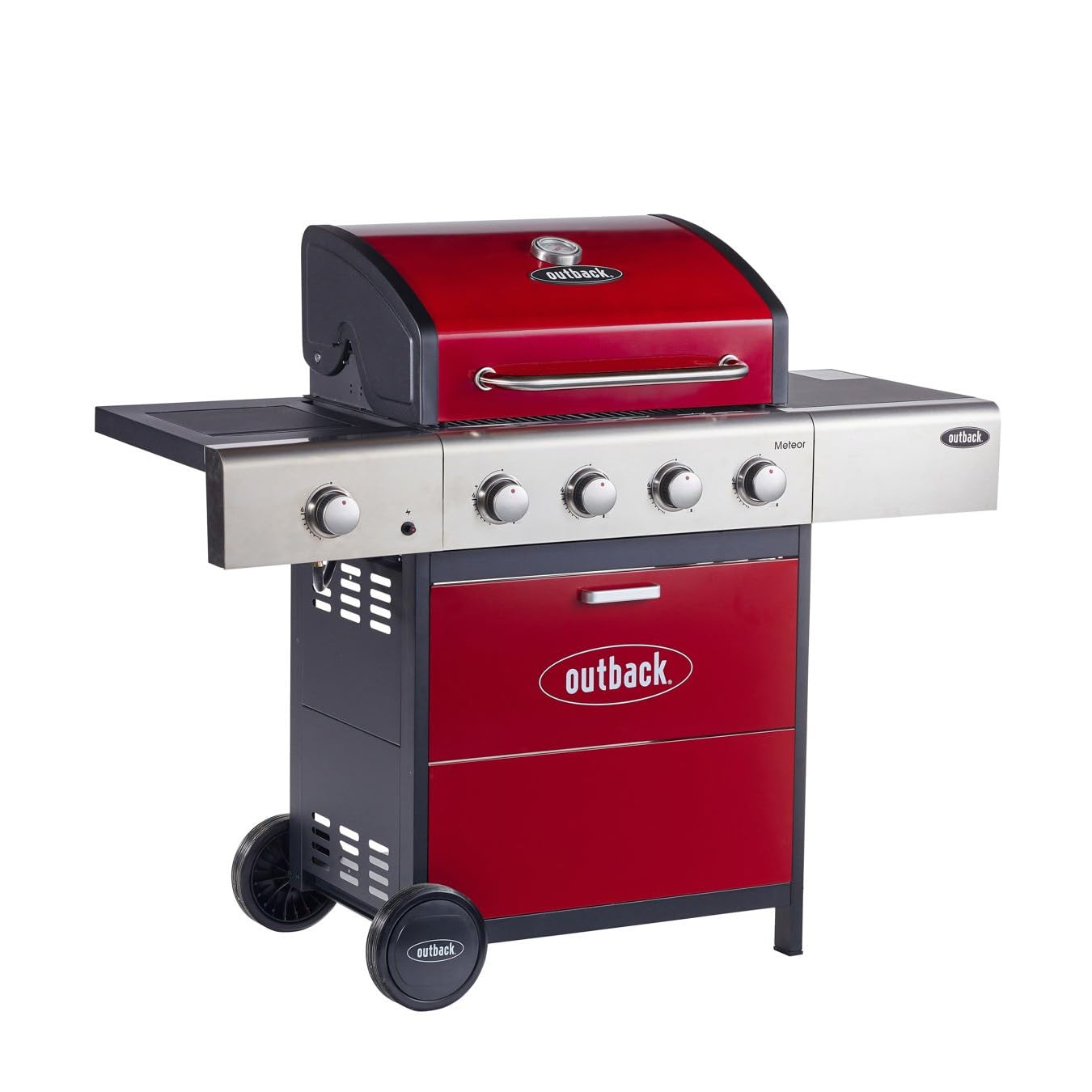 Outback Jupiter Hybrid - 4 Burner Gas & Charcoal BBQ Grill with Chopping Board - Red