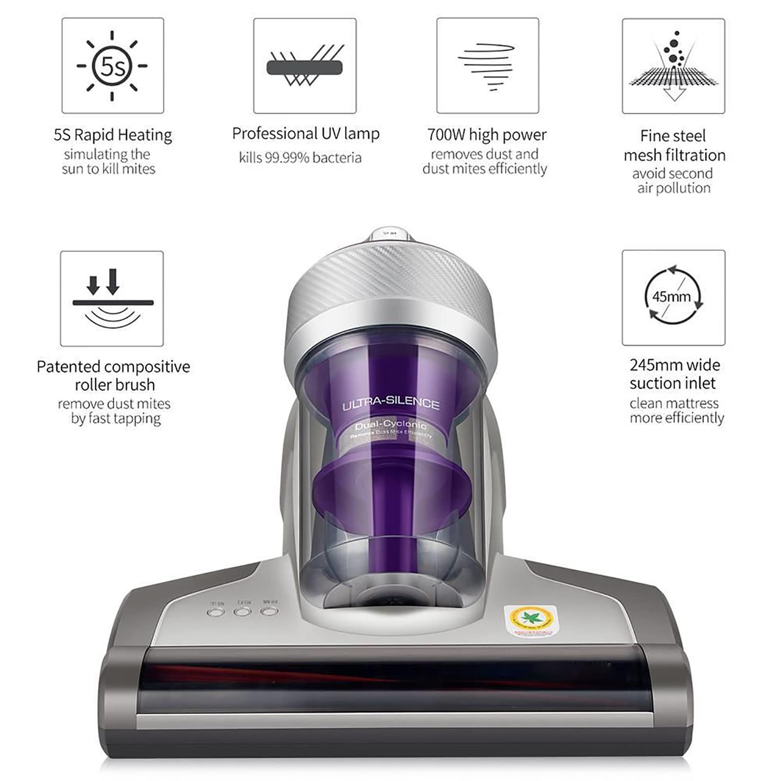 Aspiradora Antiácaros UV Con Filtro HEPA Aspiradora De Mano Máquina Limpiadora De Colchones 16 Kpa Su Potente Succión Destruye El 99,9 % De Los Ácaros Para Colchones, Almohadas, Sofás Y Alfombras