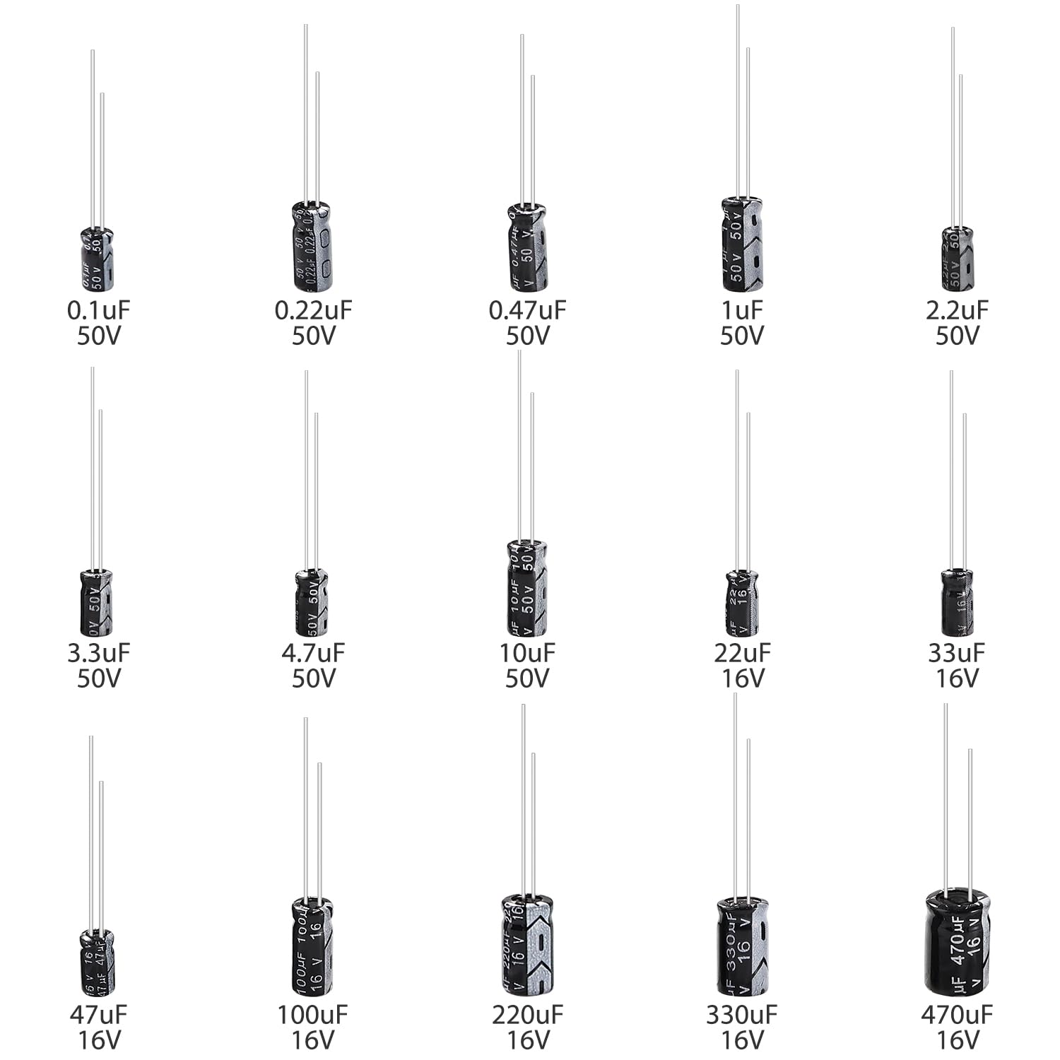 YIXISI 145 Piezas Condensadores Electroliticos Kit 0.1uF-470uF 16V 50V