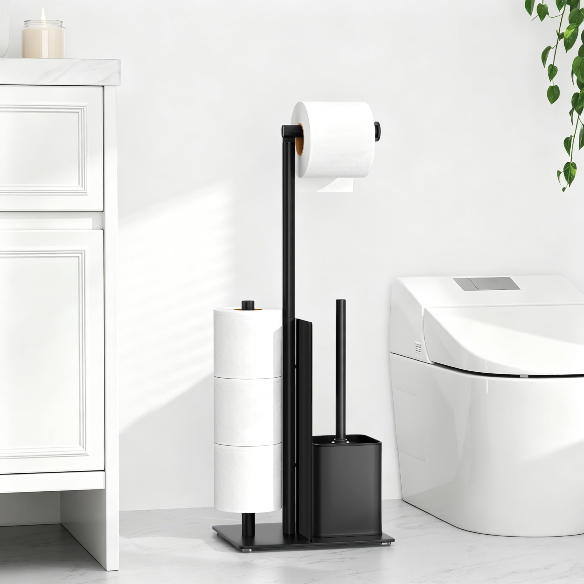 Porte Papier Toilette avec Brosse WC - Porte Rouleau Debout en Acier Inoxydable, Dérouleur Papier Aucun Perçage Requis avec Verre (Noir Mat)