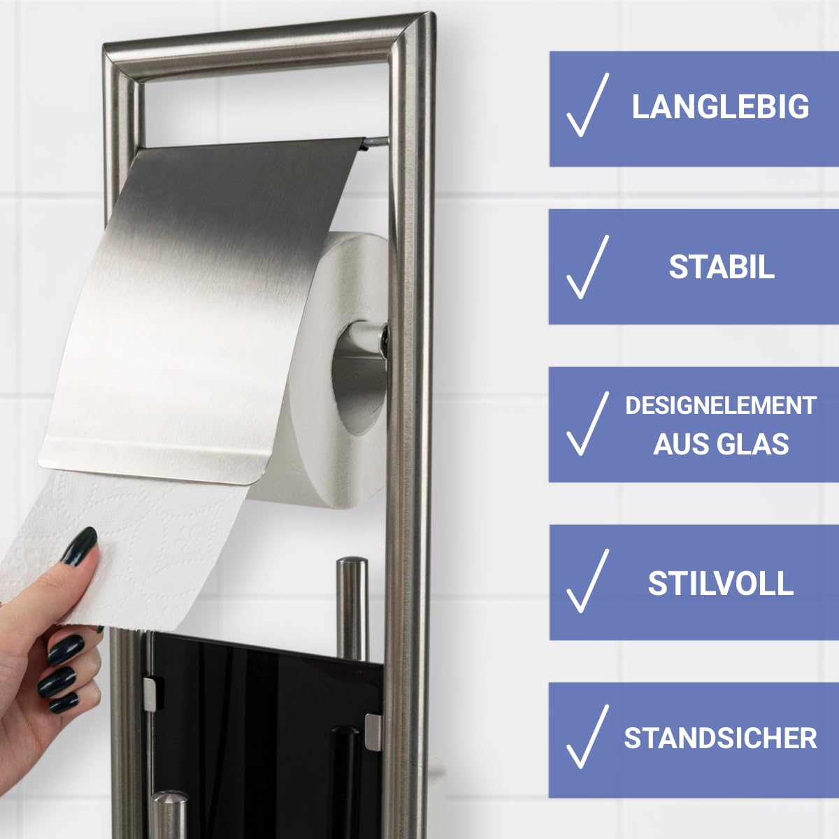 WENKO Stand WC-Garnitur Mod. Ravina 3in1 Edelstahl matt mit Toilettenpapierhalter Ersatzrollenhalter und Bürstenhalter Ø 20 x 70 cm Silber matt