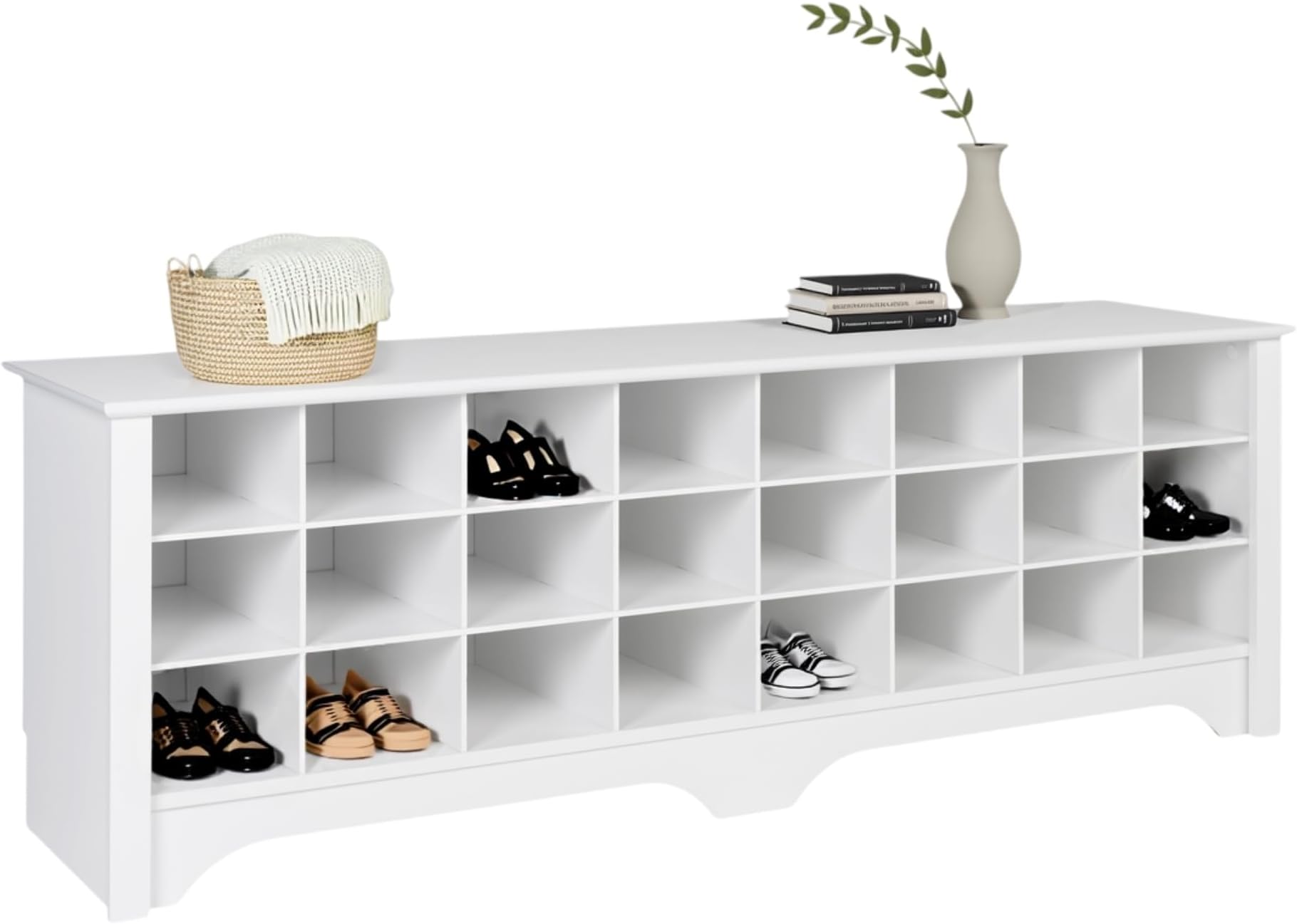 White Hall Bench with Storage and Seating: 24-Shoe Cubby Bench, Ideal White Shoe Rack for Entryway, Sized 15.5" D x 60" W x 20.25" H