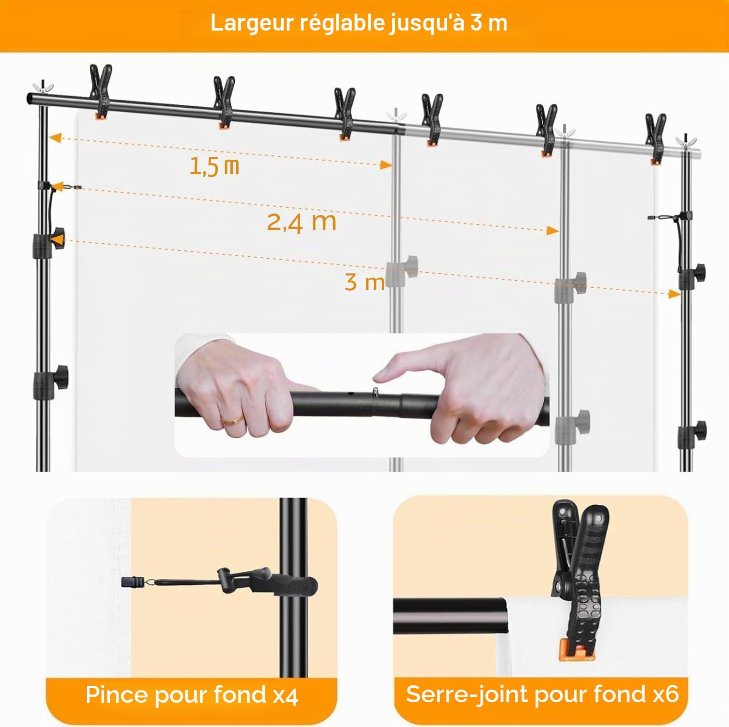 EMART Système de Support de Toile de Fond Réglable 2,6m x 3m avec 2 Sacs Sable et 1 Sac de Transport pour Studio Photo, Photographie, Diffusion en Direct, Fête, Mariage