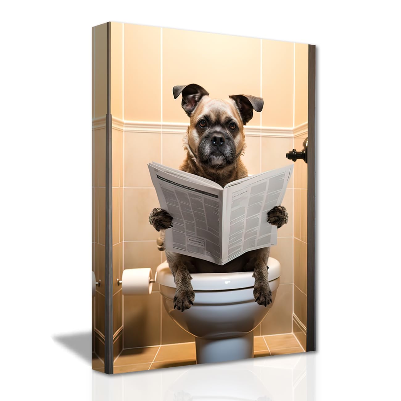 LZIMU Bathroom Wall Art Cute Dog Sitting on Toilet Reading Newspaper Canvas Prints Funny Animals Bathroom Pictures Wall Decor Framed (Bathroom-2, 12"x18" (30.00 x 45.00 cms)) โ image 1