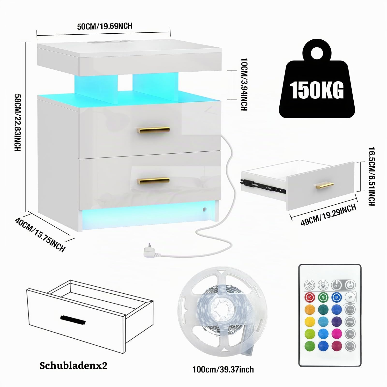 Nachttisch LED mit Steckdose(2 AC-Steckdosen & 2 USB-Anschlüsse), Nachtkommode mit 2 Schubladen und 2 in 1 Led, Moderner Nachtkästchen für Wohnzimmer, 50x40x58cm, Weiß