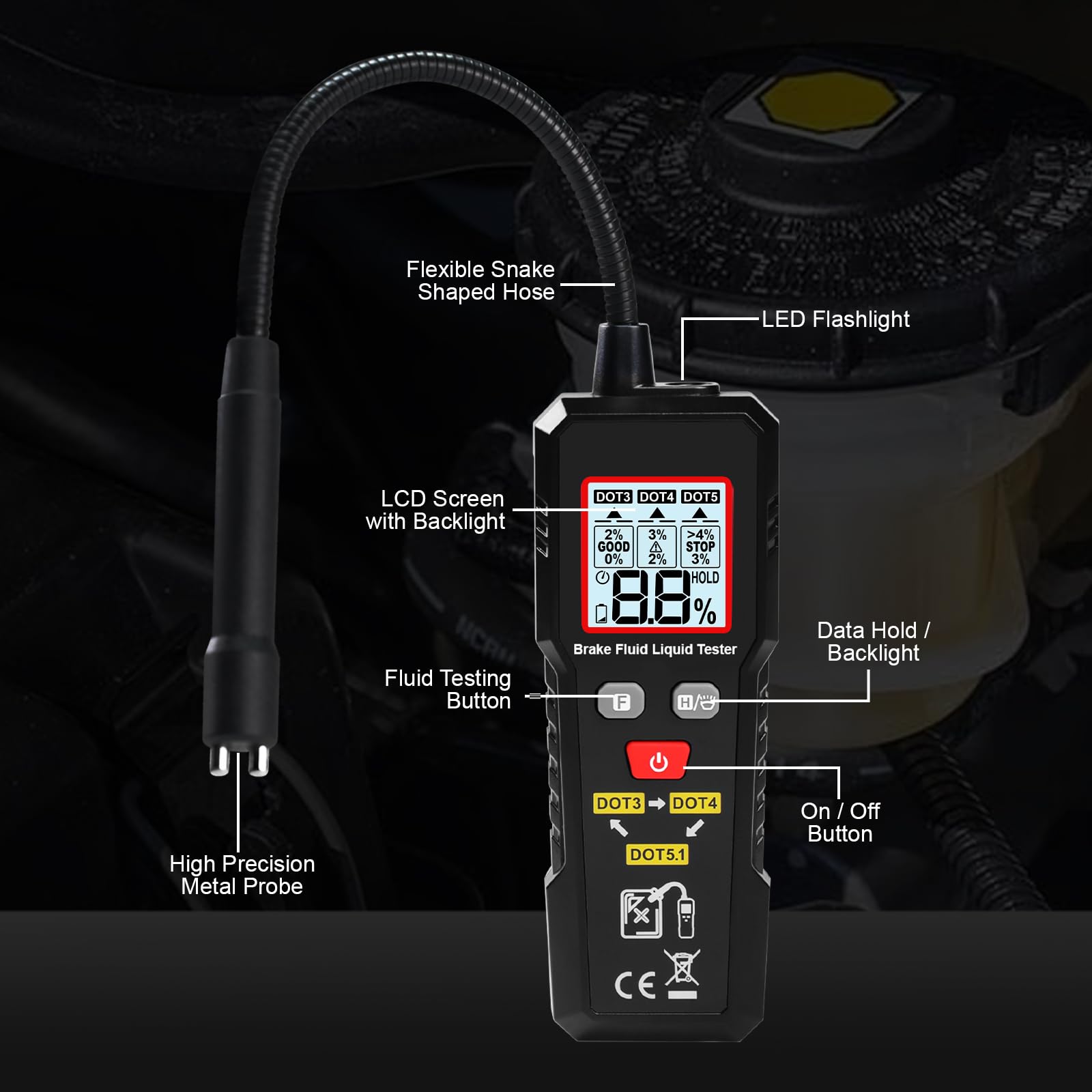 Testeur d'Humidité du Liquide de Frein DOT3/DOT4/DOT5.1 Détecteur d'Huile de Frein 0-4% avec Lampe de Poche LED, Indicateur de Couleur et Alarme Sonore Outil de Diagnostic pour Voitures et Motos