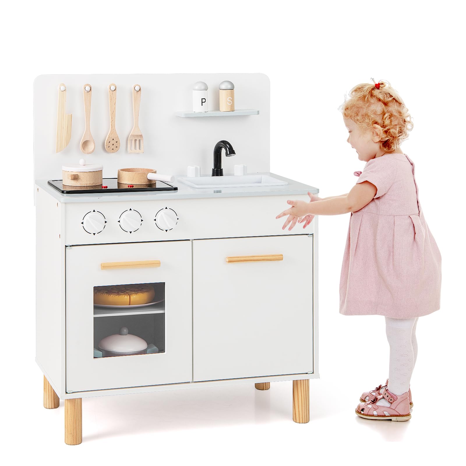 HOMASIS Kinderküche mit Licht & Sound, Spielküche aus Holz mit 10 Spielzubehör, Spielzeugküche mit Spüle Herd Backofen, Holzküche Miniküche Küchenspielset für Kinder ab 2 Jahre (Weiß)