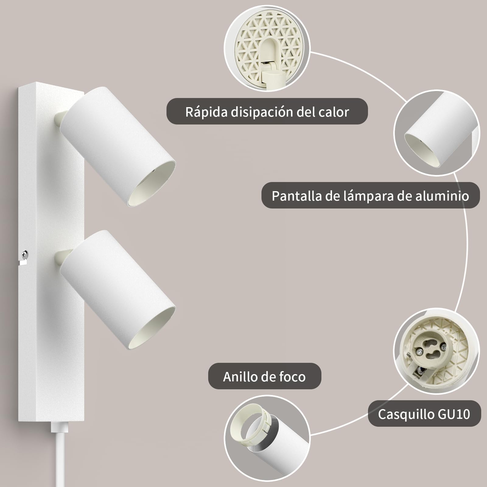 Aplique Pared con Enchufe y Interruptor 2 Focos Blanco GU10 - Lampara de Pared con Cable Moderno Giratorio 350° - Apliques Pared Dormitorio Salón Pasillo - Sin Bombillas