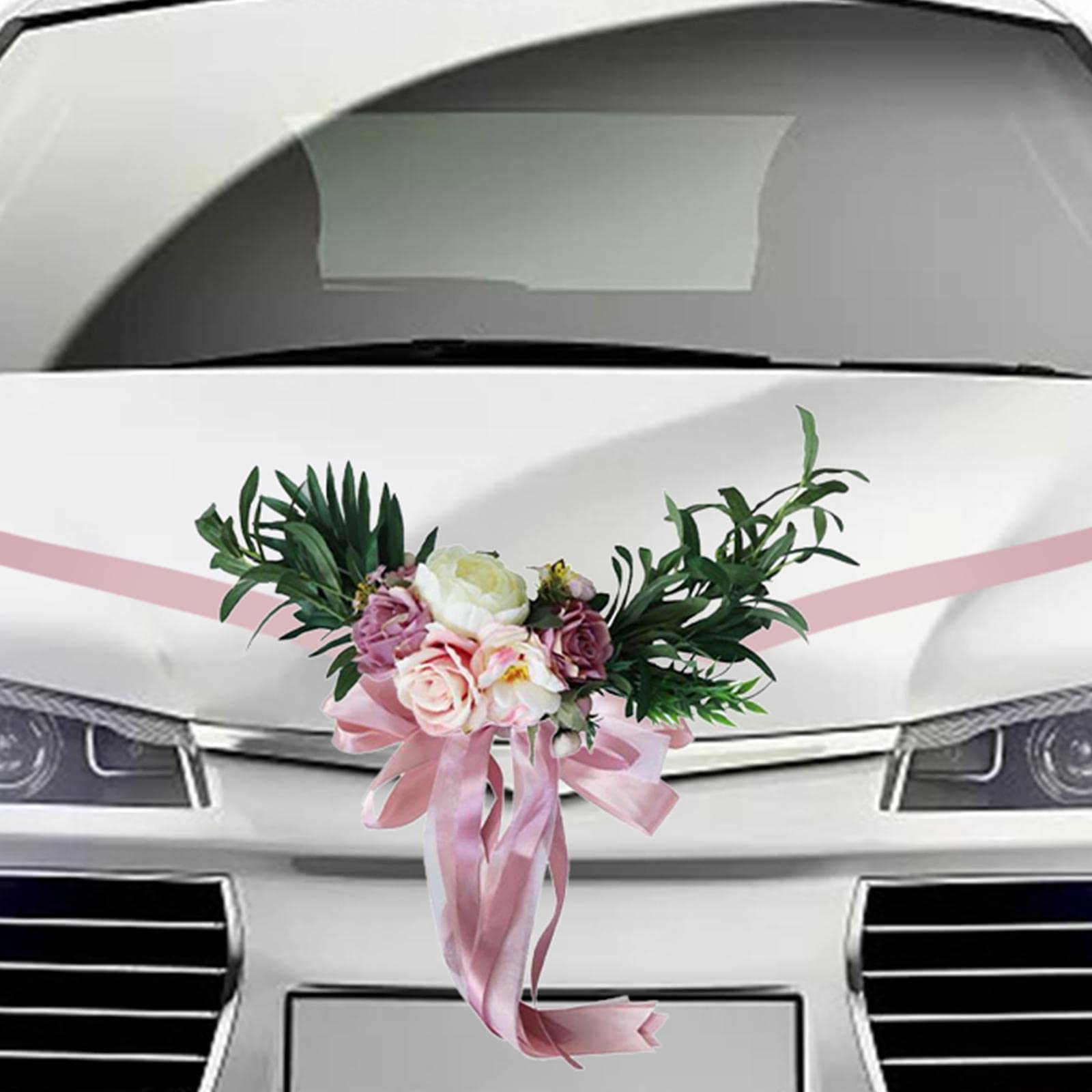 9 Stück Hochzeit Auto Dekorationen Set aus Künstlichen Blumen Schleifen Polyesterband Und Blumenteller für Festliche Autodekoration für