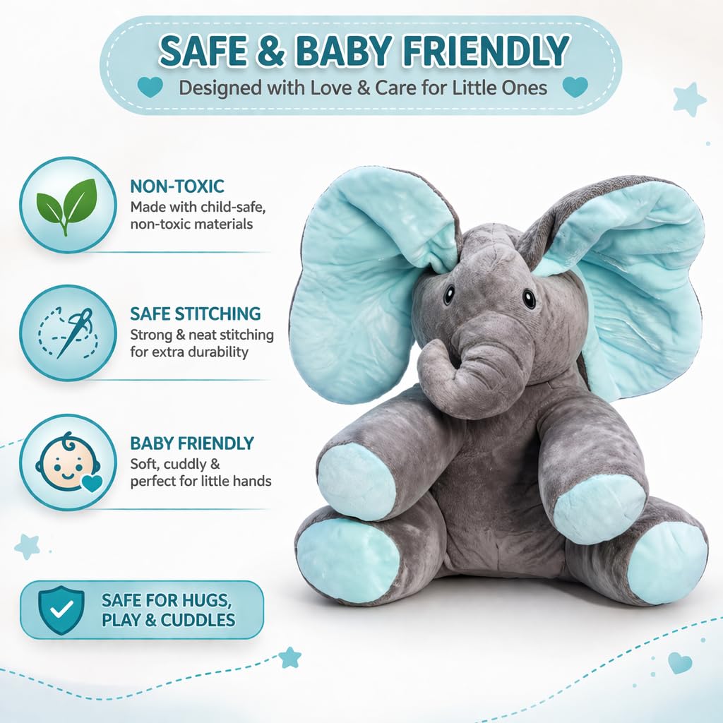Monex Musical Elephant Plush Toy for Babies & Kids | Peek a Boo Elephant Toy with Flappy Ears | Soft Stuffed Animal Interactive Toy for Toddlers, Infants & Gift Purpose (Blue) 2