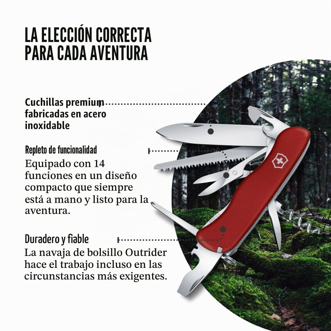 Victorinox, Outrider, Navaja Multiuso Suiza, Cuchillo bolsillo, Regalo, 14 Funciones, Hoja grande, Abrelatas, Bloqueable